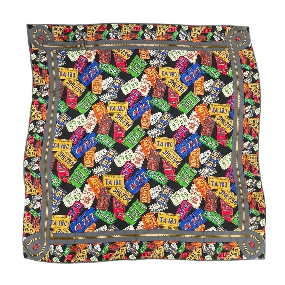 Vintage Perry Ellis Silk Square Scarf Colorful License Plate Novelty Print 31”